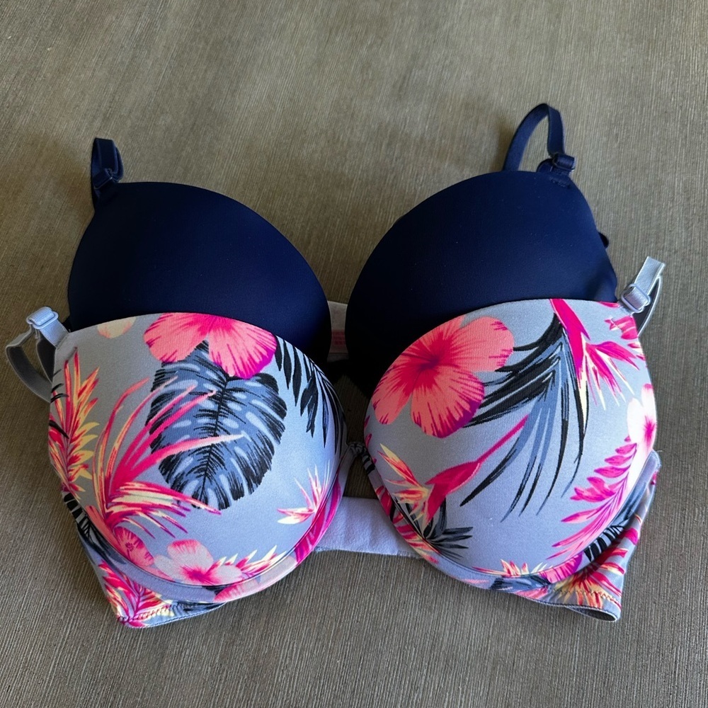 PINK Victoria's Secret Bras (2) Navy & Gray Floral Push-Up Bra with Pink Accent